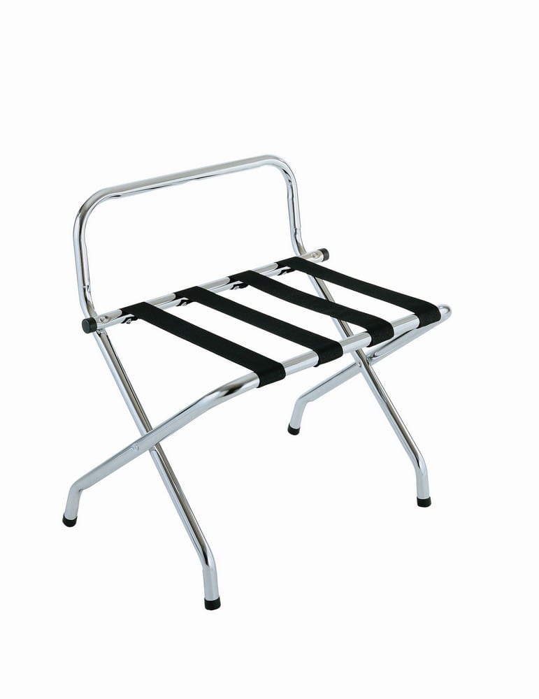 GuestSupply US | Zinc Metal Luggage Rack, Chrome with Black Straps